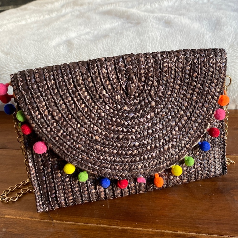 Rainbow Pom Pom straw clutch with crossbody attachment